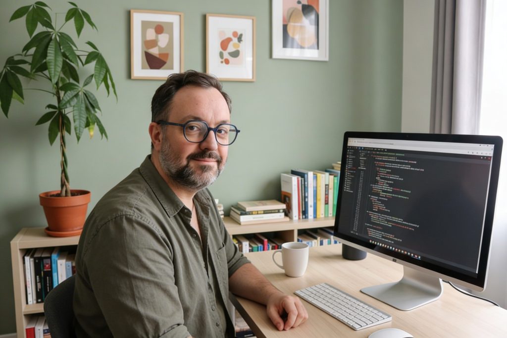 Nicolas Quintard de bienetre.marketing à son poste de travail.